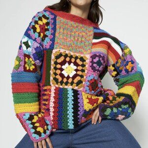 Harry Crochet Vintage Granny Square Patchwork Colorful Farm Rio Crop Sweater M